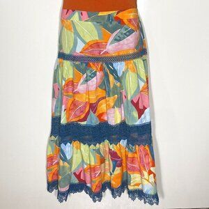 Time & Tru Multi Colored Tiered Lace Trimmed Cotton Blend Maxi Skirt SZ M